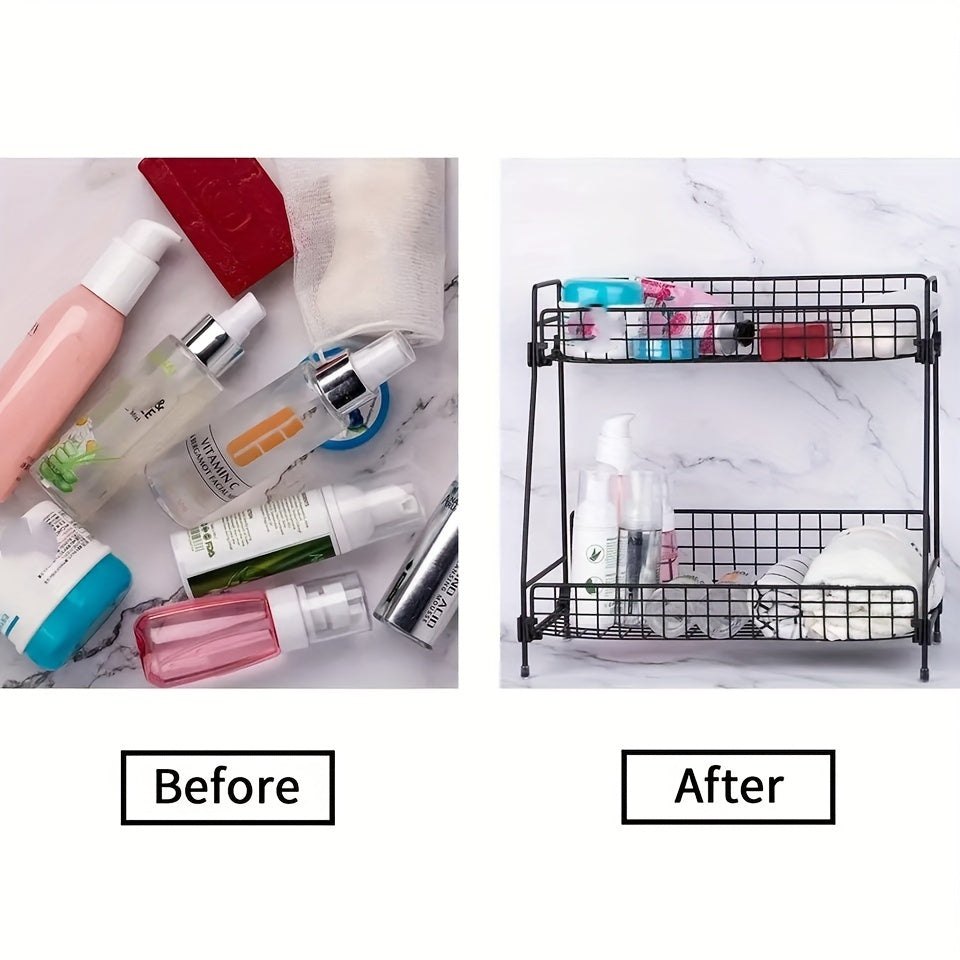Double Layer Bathroom Organizer Metal Basket Storage Shelf Rack