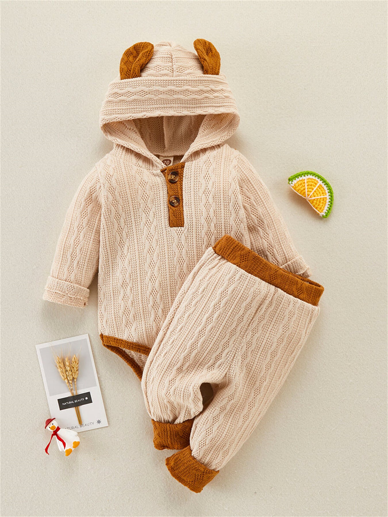 Cute 2 Piece Block Bear Ear Romper for Baby's Cozy Look