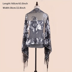 Sequin Paisley Embroidery Shawl Silvery Tassel Vintage Cape