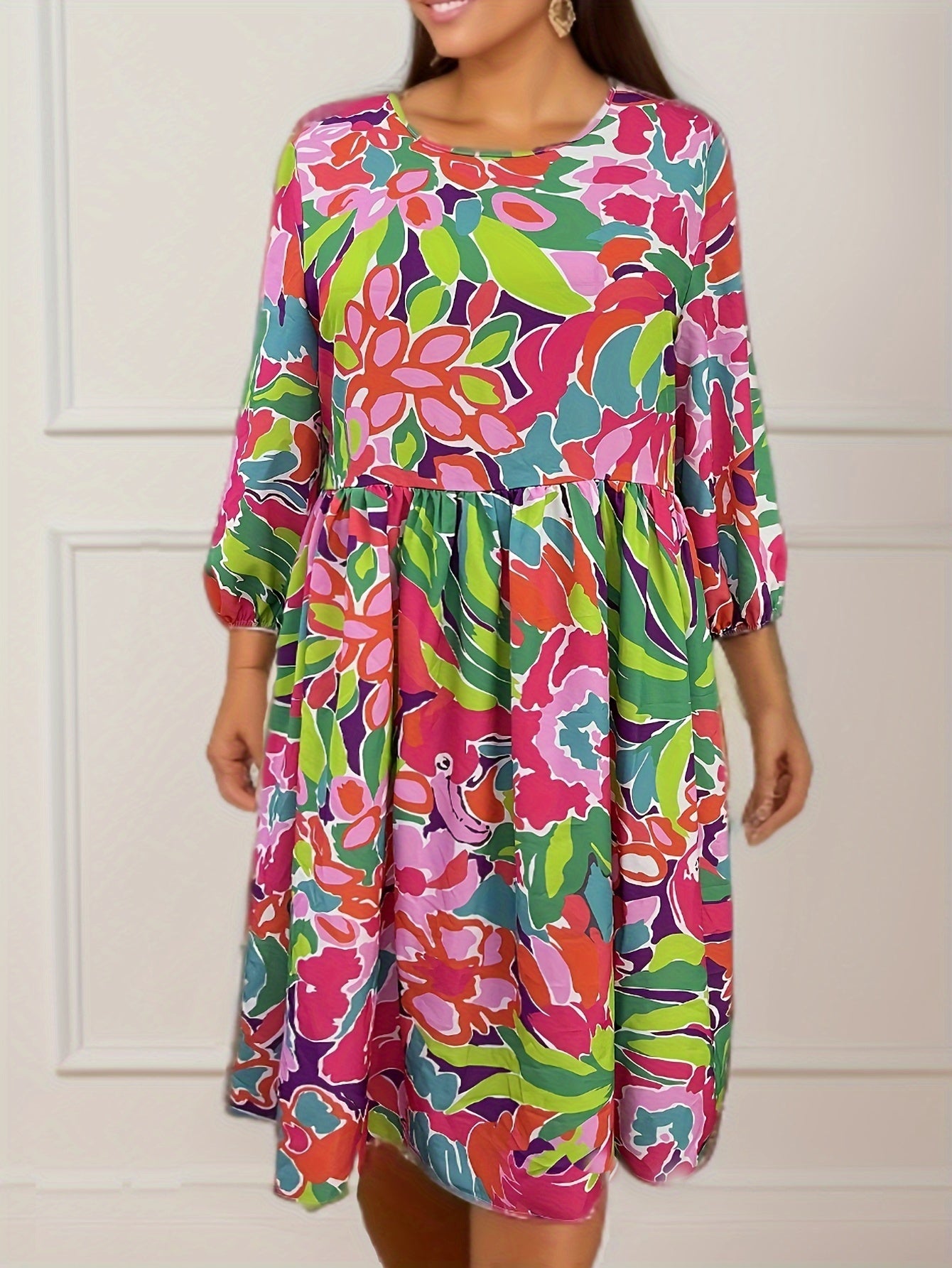 Dress Women's Plus Floral Print Sleeve Round Neck Loose Dress