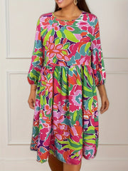 Dress Women's Plus Floral Print Sleeve Round Neck Loose Dress