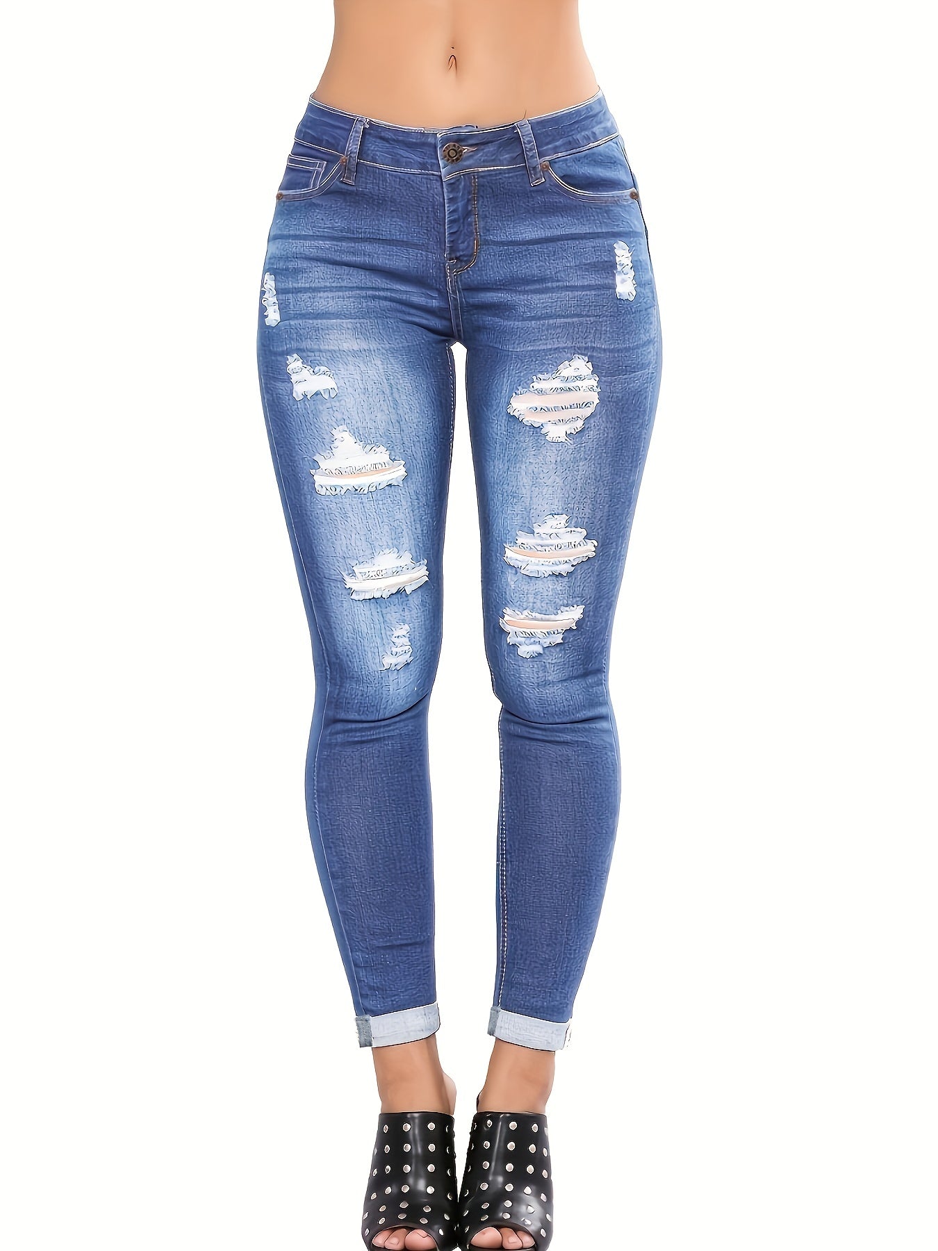 Ripped Holes Skinny Jeans Slim Fit Distressed Mid Stretch Casual Denim Pants