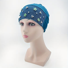 Flower Decor Glitter Turban Block Head Wraps Beanie Ramadan Hijab Hat