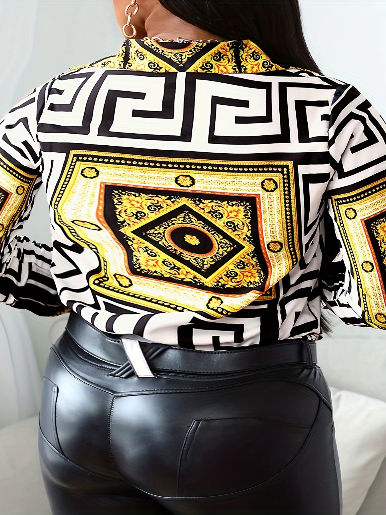 Casual Shirt Women's Plus Floral & Geometric Print Long Sleeve Blouse