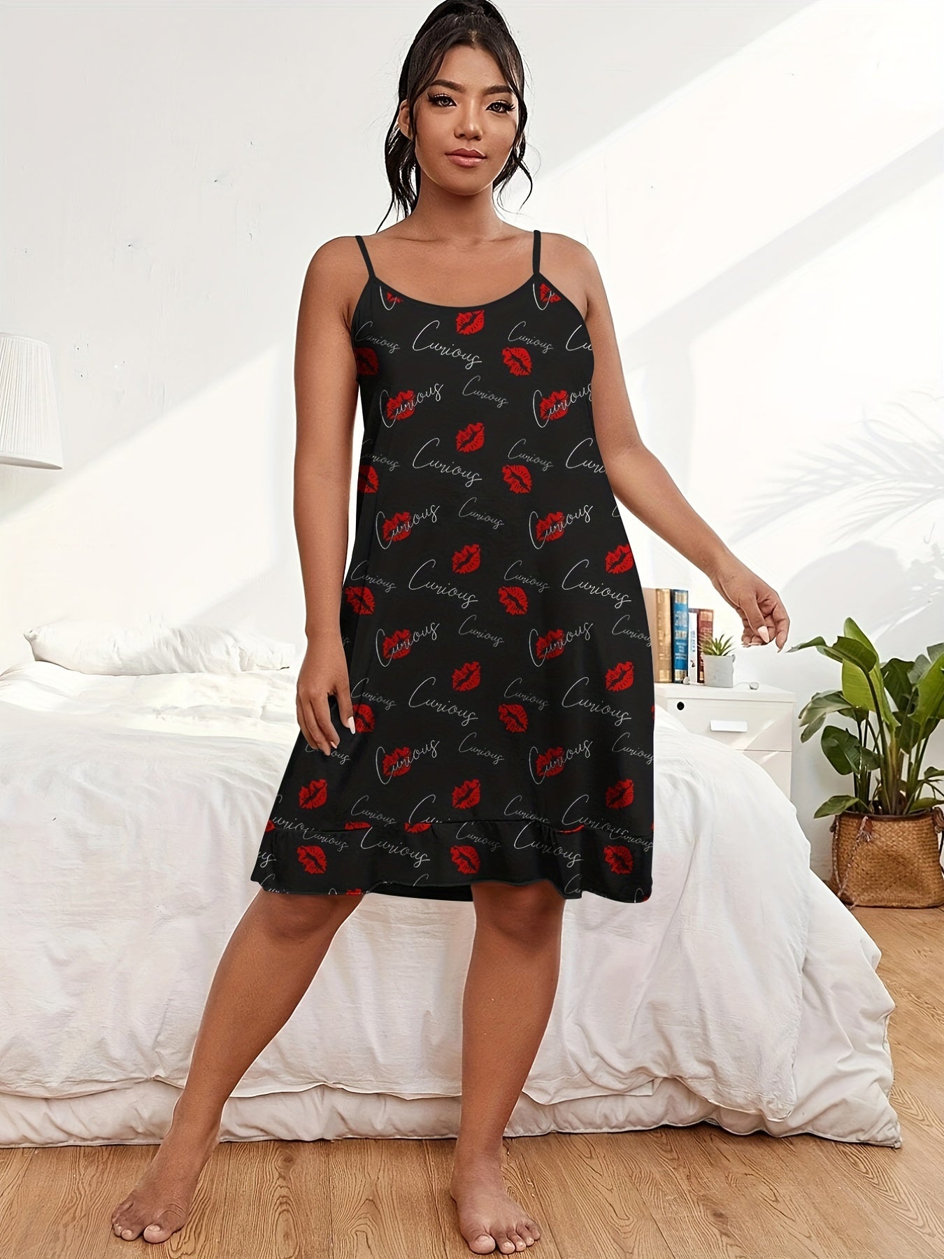 Kiss & Letter Print Ruffle Trim Cami Sleep Dress