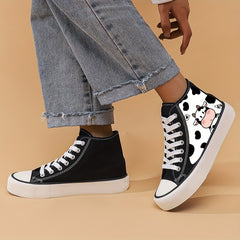 Cow Print High Top Canvas Sneakers Lace Up Skate Shoes
