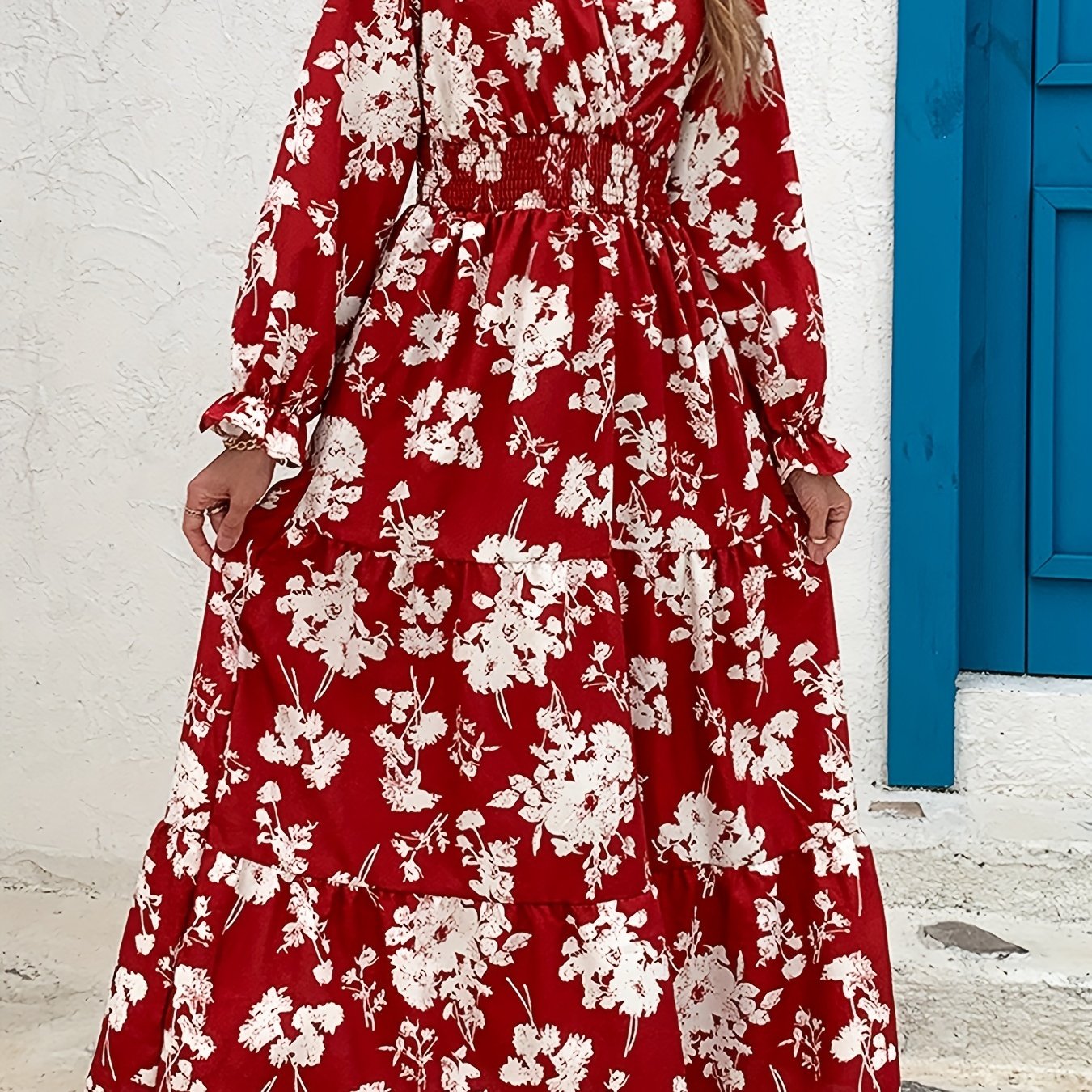 Floral Shirred Waist Maxi Dress Surplice Neck Lantern Sleeve