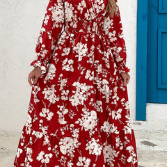 Floral Shirred Waist Maxi Dress Surplice Neck Lantern Sleeve