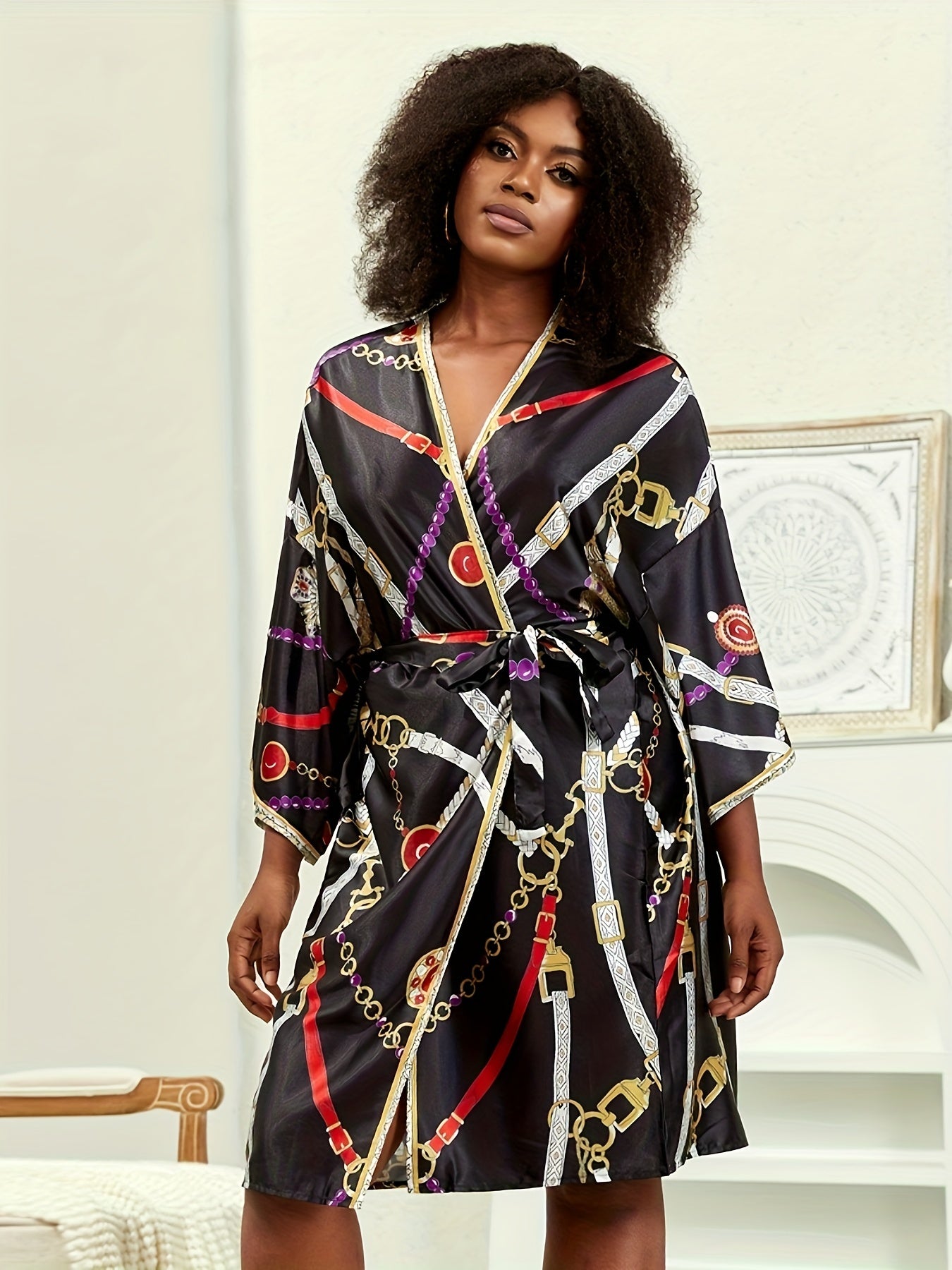 Retro Kimono Chain Print Open Front