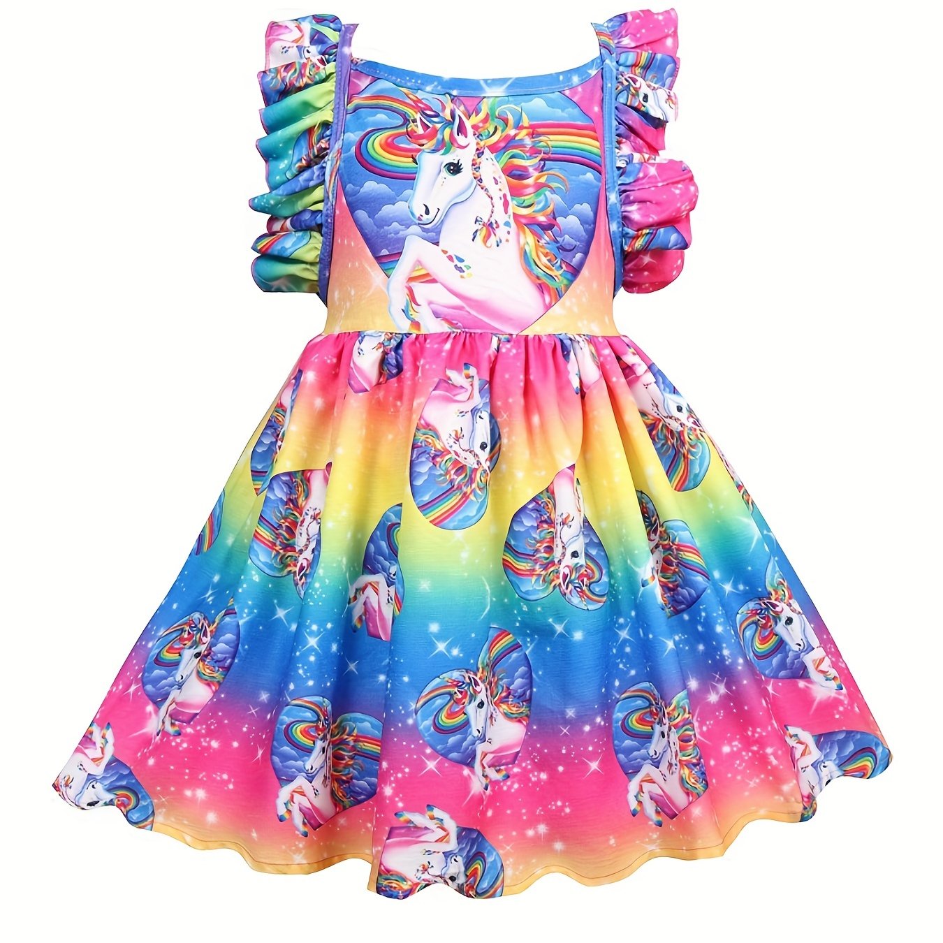 Girl's Princess Dress Sleeveless Ruffle Unicorn Print Dress