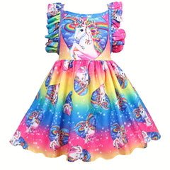 Girl's Princess Dress Sleeveless Ruffle Unicorn Print Dress