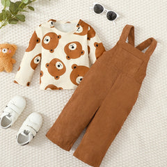 Baby Boys Bear Print Top & Overalls Set Toddler Clothes