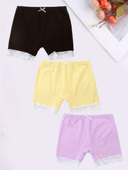 3pcs Girl's Cotton Boyshorts Lace Trim Elastic Waist Shorts