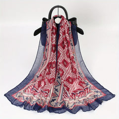 Red Geometric Print Voile Scarf Vintage Thin Classic Windproof Wraps
