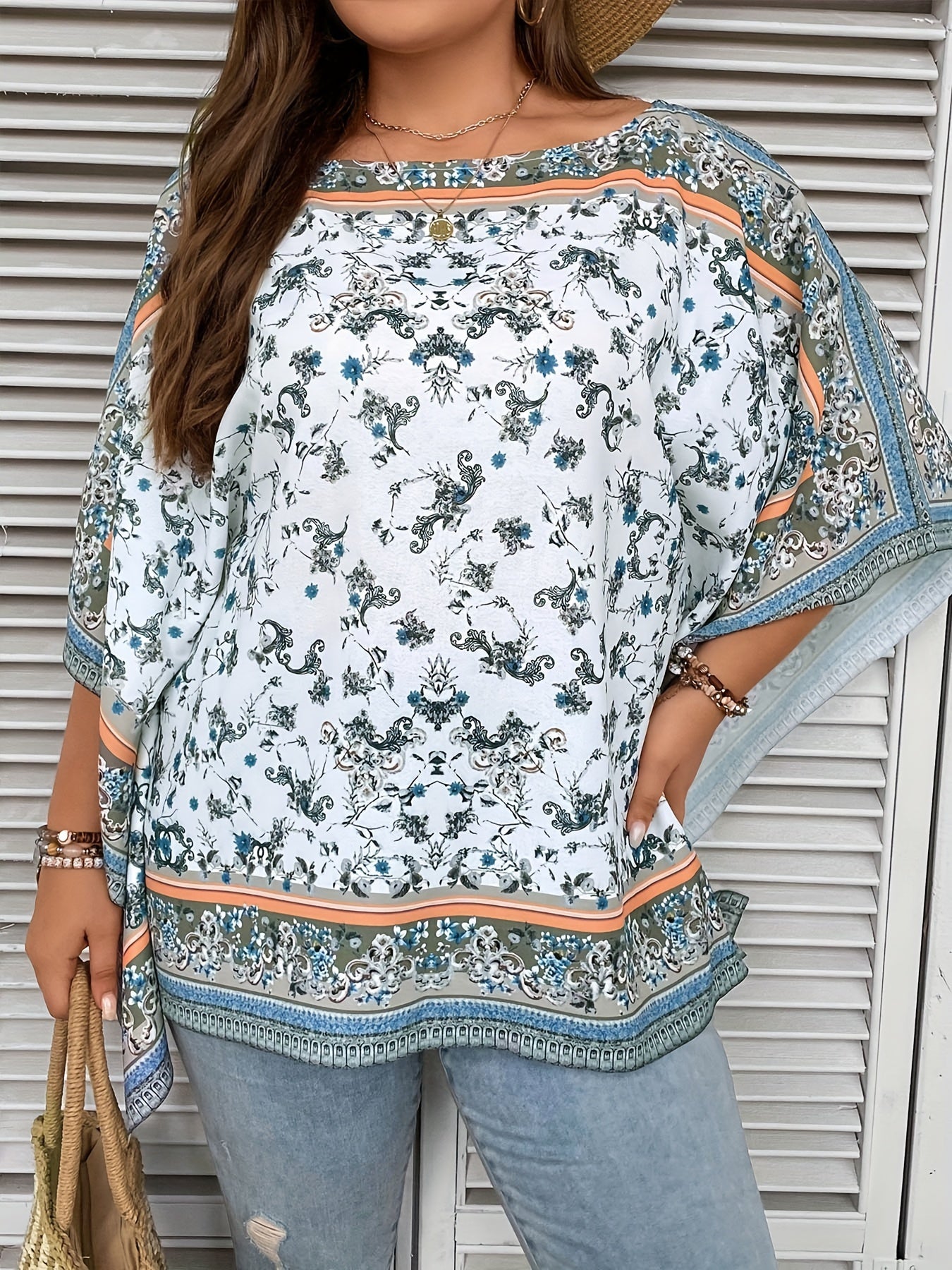 Boho Blouse Women's Plus Floral Print Batwing Sleeve