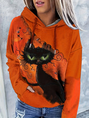 Halloween Cat Print Kangaroo Pocket Hoodie Women's Sweatshirt