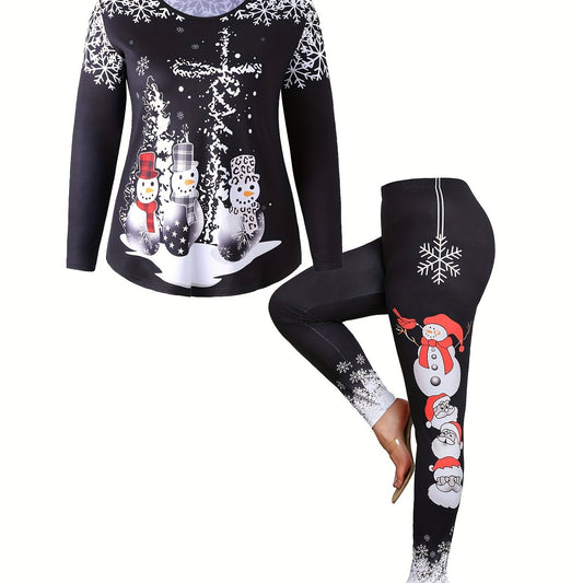 Christmas Outfits Set Women's Plus Santa Claus & Snowman Print Top