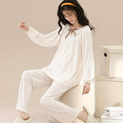 Women's Solid Pajama Set Long Sleeve Crew Neck Top & Pants