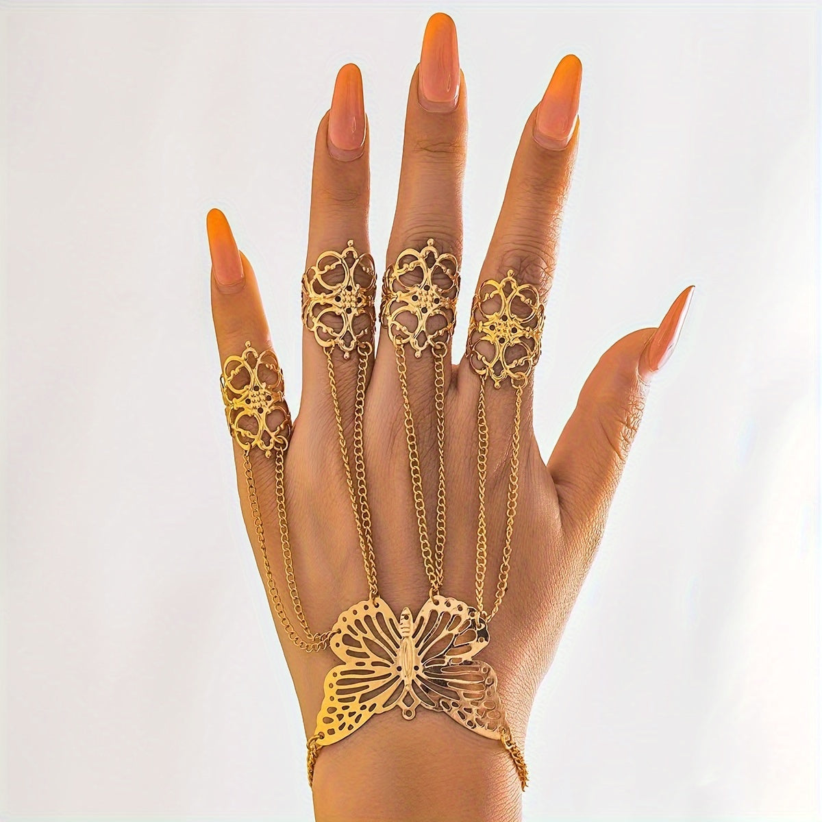 Butterfly Finger Ring Bracelet Punk Style Golden plated Alloy Hand Jewelry
