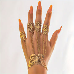 Butterfly Finger Ring Bracelet Punk Style Golden plated Alloy Hand Jewelry