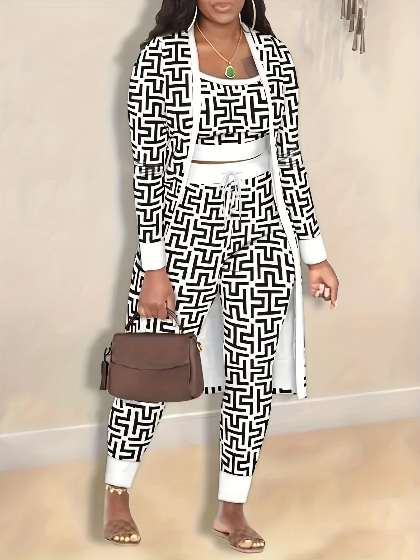 Greek Print 3-Piece Set: Crop Top, Pants & Open Front