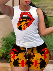 Lips Print Tank Top & Drawstring Shorts Set for Women