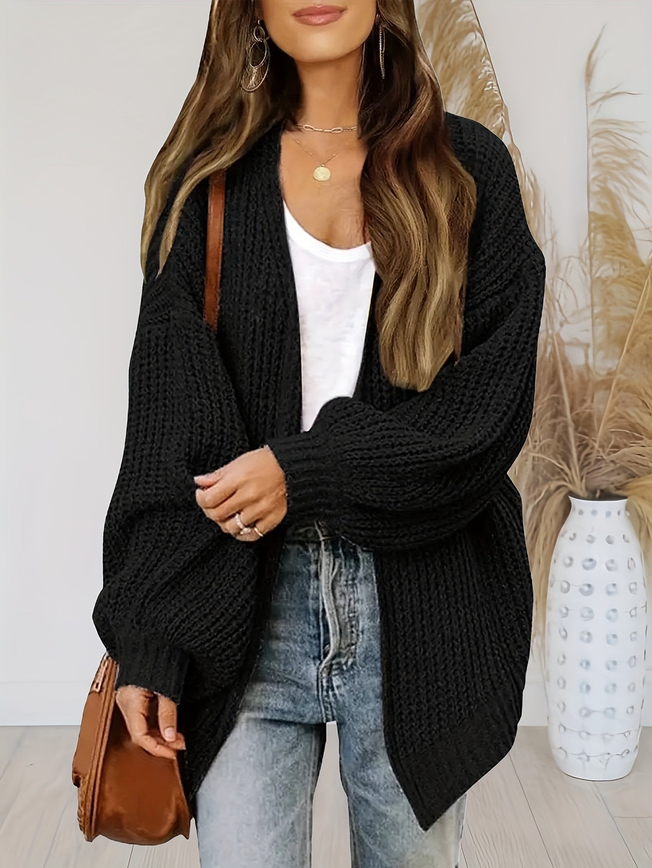 Casual Cardigan Women's Plus Solid Lantern Sleeve Open Front Cardigan
