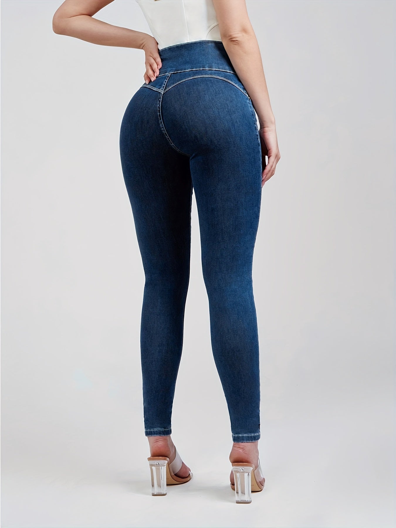 High Waist Skinny Jeans button Solid Denim Pants