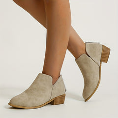 Women's Low Heel Ankle Boots V Cut Zipper Stacked Heel Short Boots