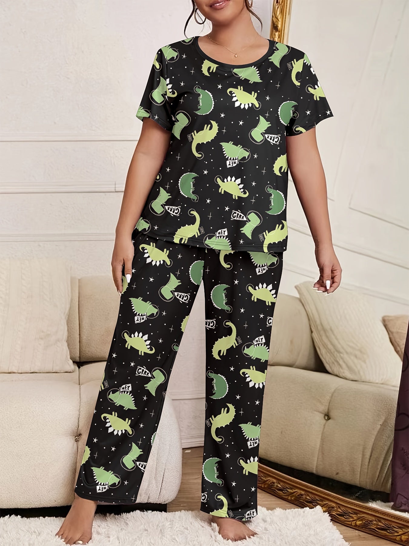 Dinosaur Print Pajamas Set Short Sleeve Tee & Pants Loungewear