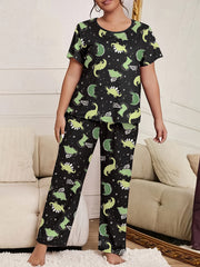 Dinosaur Print Pajamas Set Short Sleeve Tee & Pants Loungewear