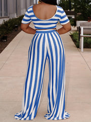 Striped Two Piece Set Short Sleeve Crop Top & Wide Leg Pants Women's Outfit