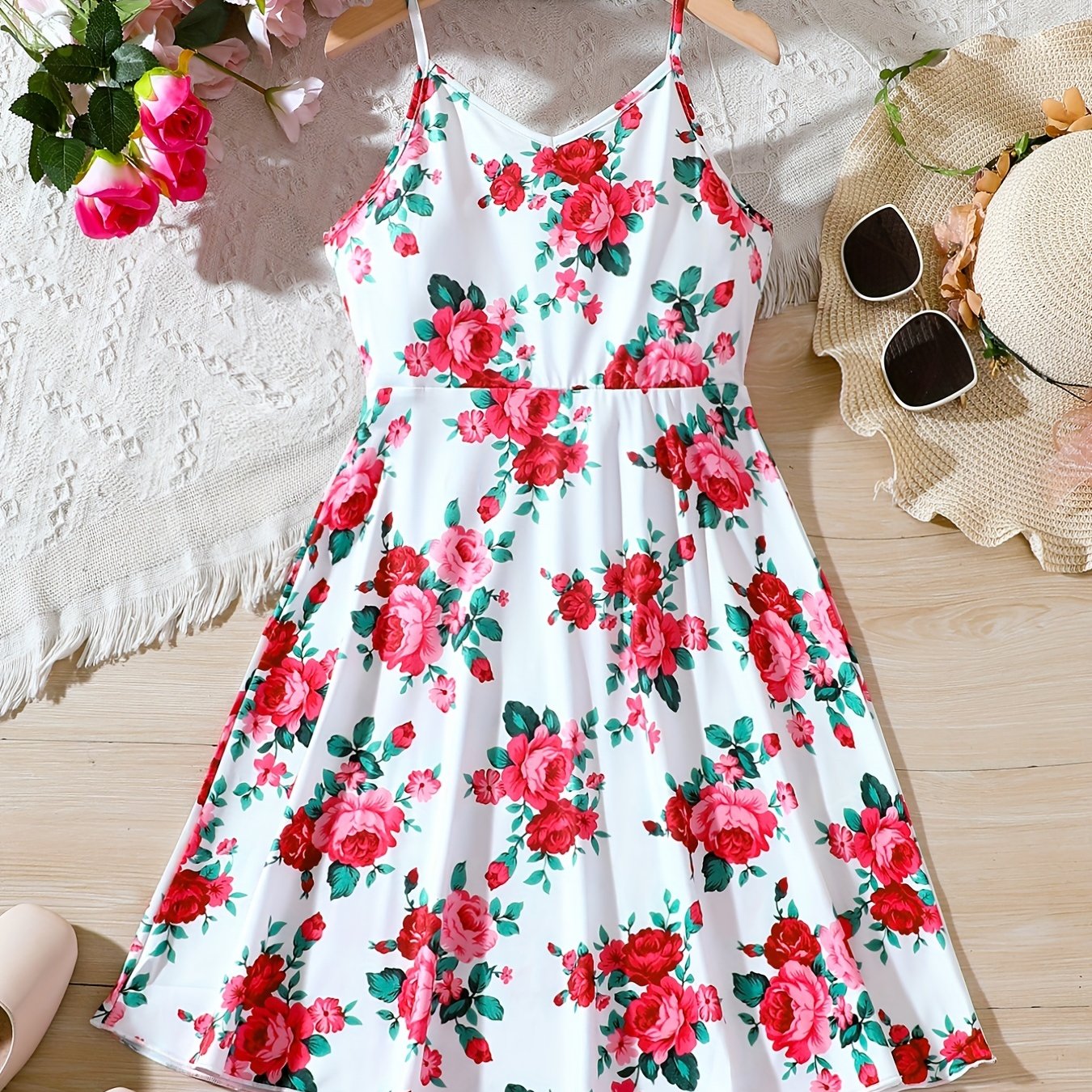 Girls Rose Flower Print Cami Dress For Party Vacation