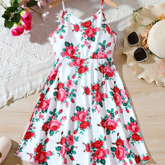 Girls Rose Flower Print Cami Dress For Party Vacation