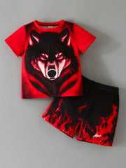 Boys Wolf & Flame Pattern Print T Shirt And Shorts Set