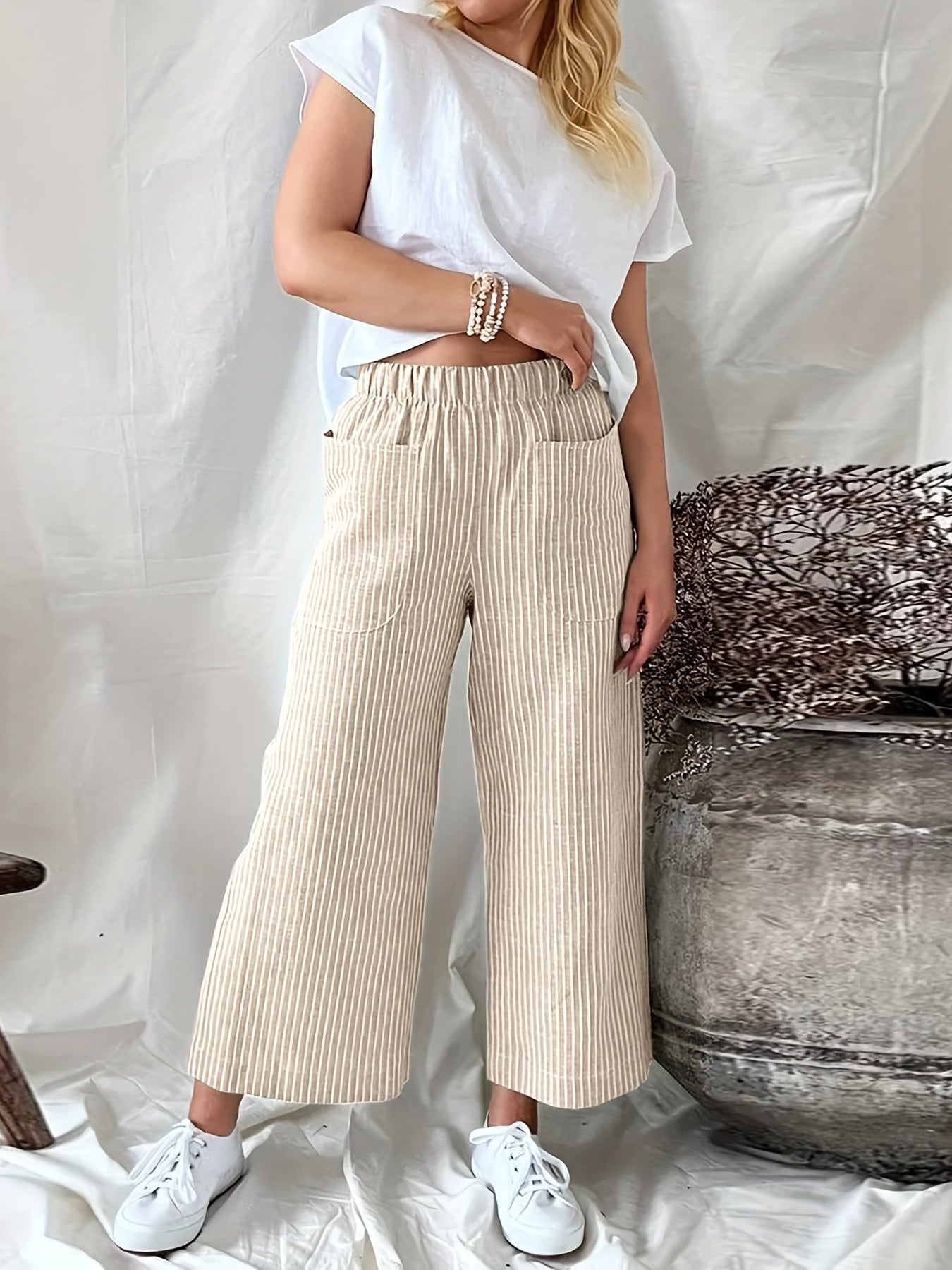 Striped Wide Leg Pants Elastic Waist With Pockets