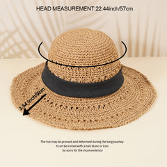 Hollow Crochet Bow Straw Hat Wide Brim Sun Visor Bucket Cap