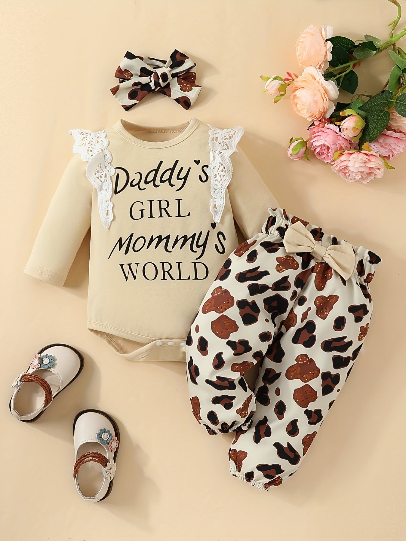Baby Girls Letter Triangle Bodysuit Floral Bow 3pcs Set