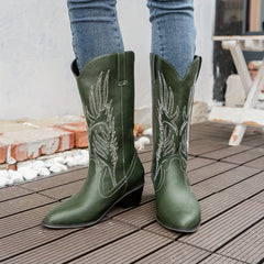 Women's Retro Wings Embroidery Cowboy Boots Point Toe Chunky Heel
