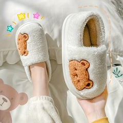 Cartoon Bear Print Slippers Round Toe Low Fluffy Warm Shoes