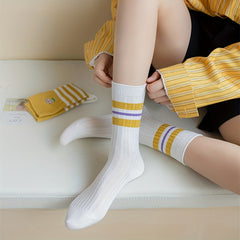 5 Pairs Striped Crew Socks Women's Comfy Breathable Mid Tube Stockings