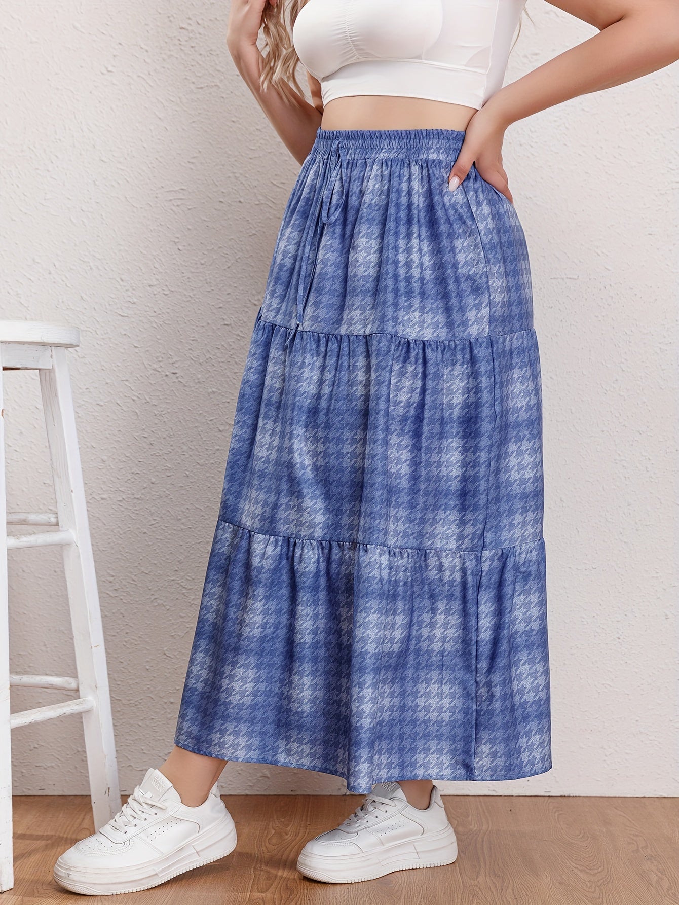 Ombre Houndstooth Print Maxi Skirt