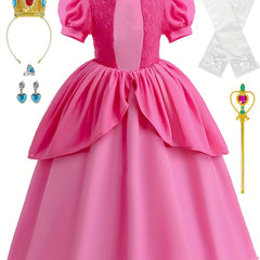 Girls Princess Dress Frill Neck Puff Sleeve Ruffle Skirt Lace Decoration