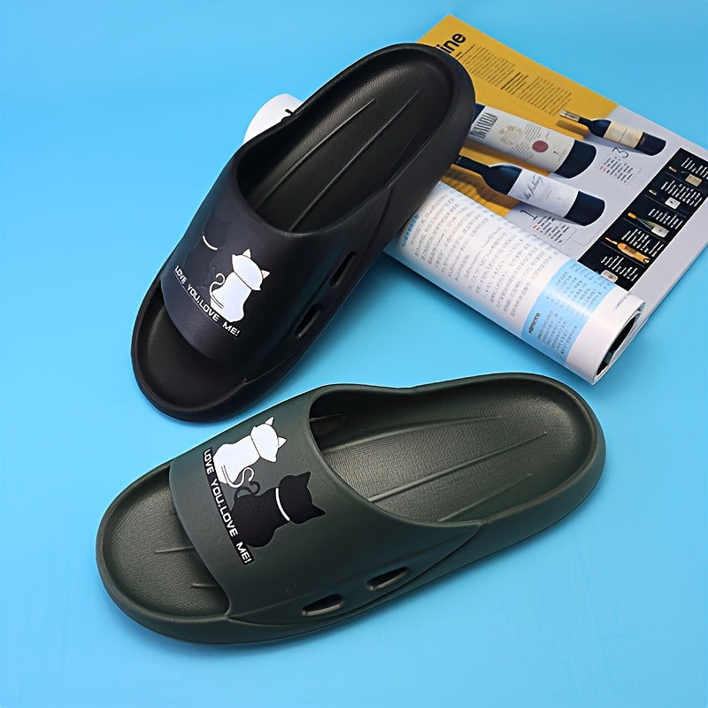 Men's Cartoon & Cat Slide Slippers, Quick Drying