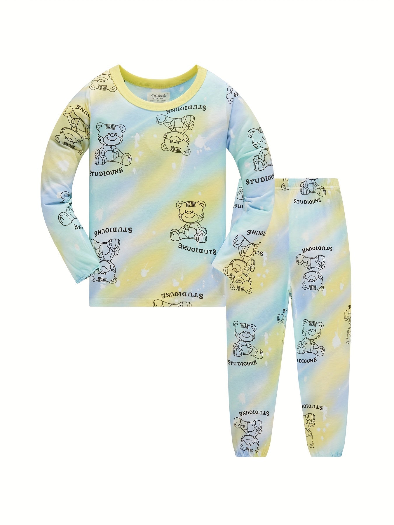 Boys 2pcs Pajamas Bear Print Long Sleeve Top & Pants Set