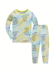 Boys 2pcs Pajamas Bear Print Long Sleeve Top & Pants Set