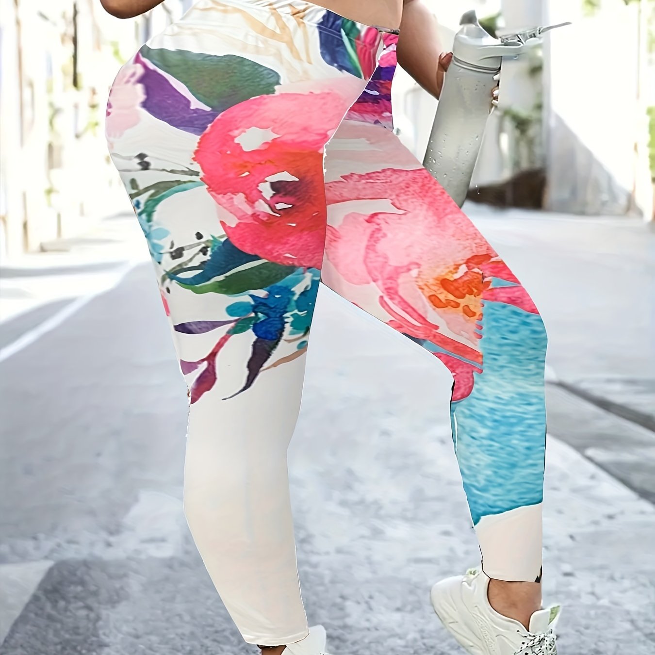 Sporty Leggings Women's Plus Floral Print High Rise Yoga Leggings