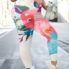 Sporty Leggings Women's Plus Floral Print High Rise Yoga Leggings