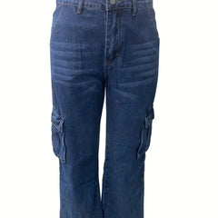 Dark Cargo Pants Flap Pockets Loose Fit Non Stretch Denim Y2K Style