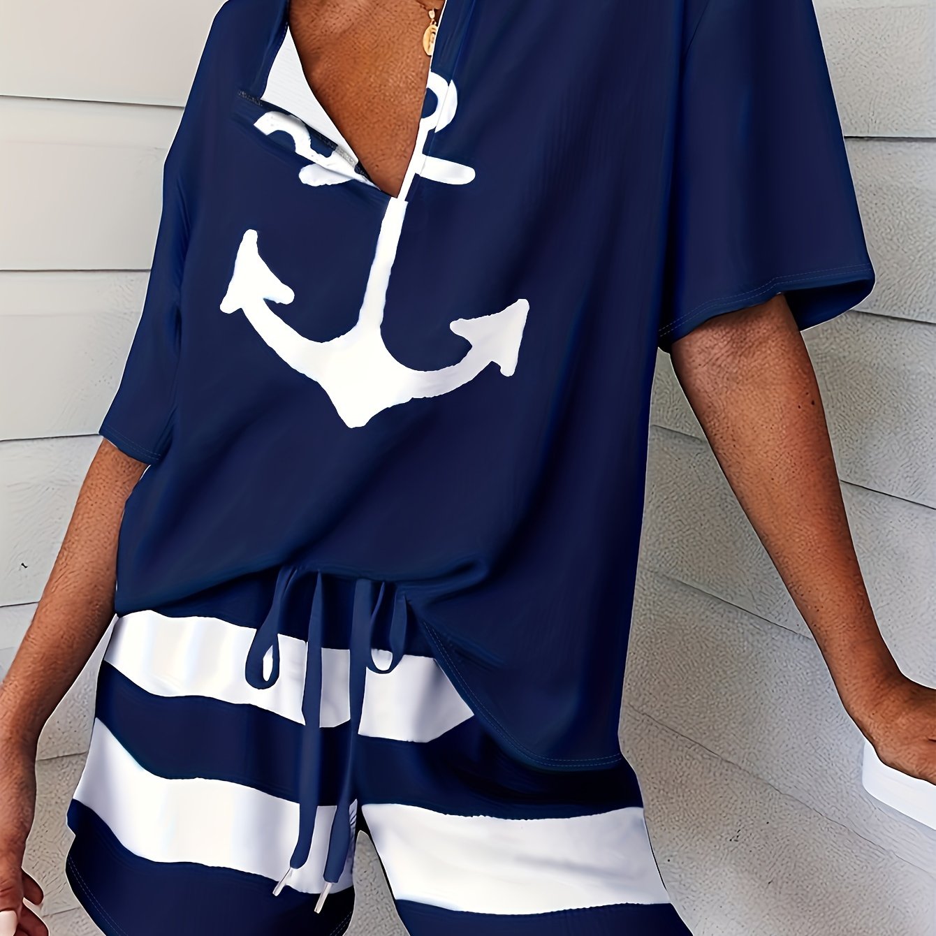 Striped Print Lounge Set V Neck Short Sleeve Top & Lace Up Shorts